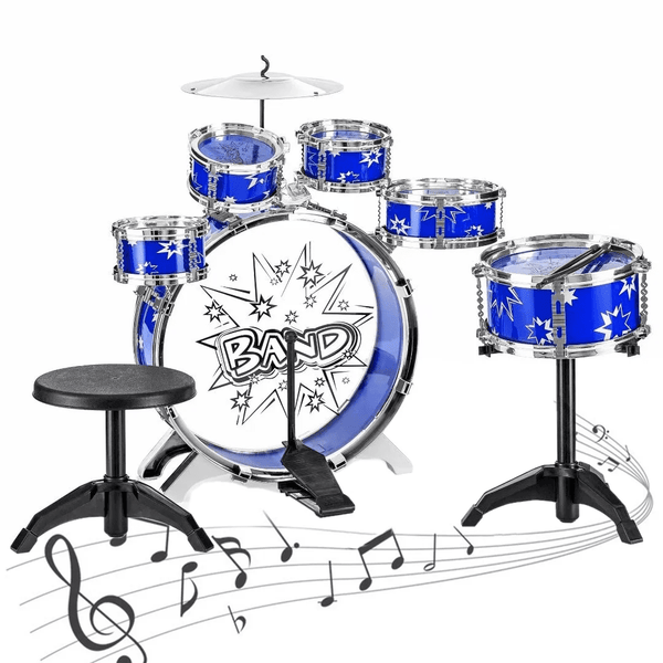 Vebreda 11-Piece Kids Starter Drum Set with Bass Drum, Tom Drums, Snare, Cymbal, Stool, Drumsticks - Blue