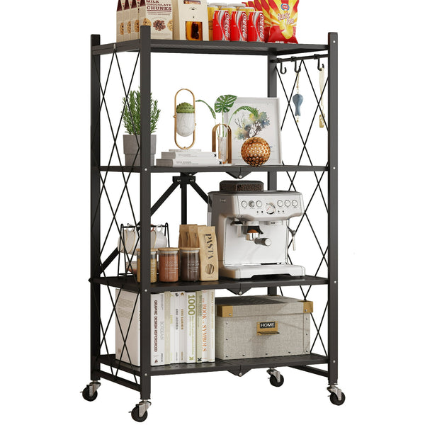 Vebreda 4-Tier Storage Shelf Foldable Metal Shelving Units with Wheels, Black
