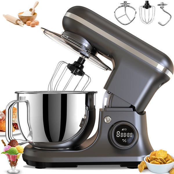 Vebreda 5.5Qt Stand Mixer 8-Speed LCD Electric Food Mixer Kitchen Mixer for Daily Use Includes Beater Dough Hook Gray