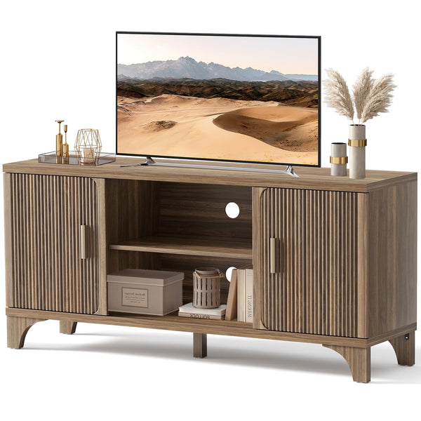 Vebreda 58 Inch Tall Modern TV Stand for 55/65 TVs, Mid-Century Entertainment Center with Storage, Walnut