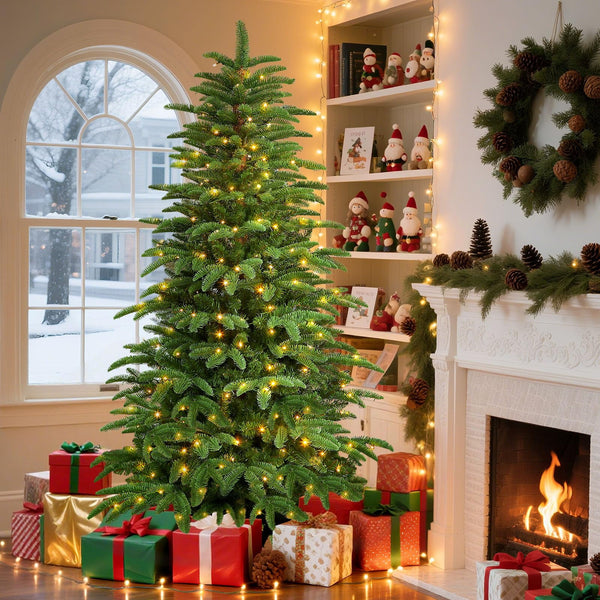 Vebreda 6FT Pre-Lit Christmas Tree with 300 Dual-Color LED Lights, 1350 PE & PVC Branch Tips, Hinged Artificial Xmas Tree with 11 Lighting Modes & Metal Stand for Home Holiday D¨¦cor