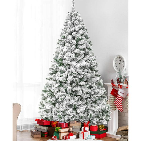 Vebreda 6ft Artificial Snow Decorated Flocked Hinged Christmas Tree with Metal Stand, Indoor White