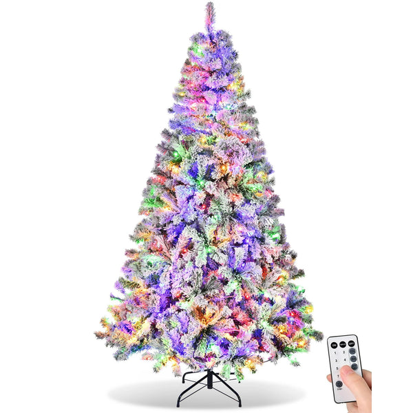 Vebreda 6ft Pre-Lit Premium Snow Flocked Christmas Tree with 300 Nine Lights Colored Lights, White