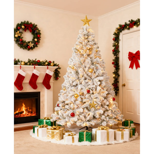 Vebreda 6ft Pre-Lit Premium Snow Flocked Hinged Artificial Christmas Tree, Indoor White