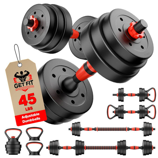 Vebreda 45LB Adjustable Dumbbell Set 4-in-1, Converts to Barbell, Kettlebell Push-Up Stand, Home Gym Fitness Equipment for Full Body Strength Training