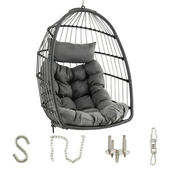 Vebreda Egg Chair, Hanging Swing Chair, Outdoor Patio Wicker Egg Chair with Cushion, Gray