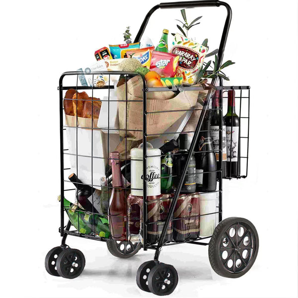 Vebreda Folding Shopping Cart Utility Trolley Jumbo Basket, Black