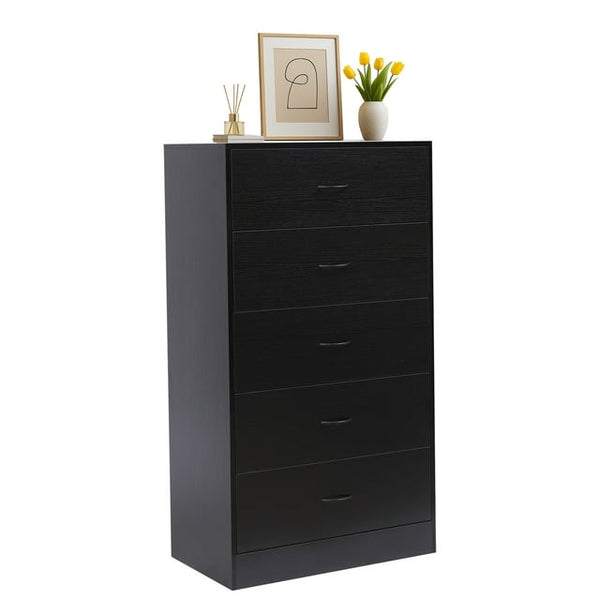 Vebreda Modern 5 Drawer Dresser for Bedroom, Black Storage Cabinet with Metal Handles, Wide Wooden Chest for Clothes, Living Room, or Office