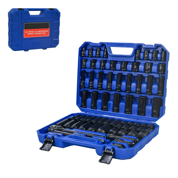 Air Tool and Accessories Kit, 66 Pieces, Long and Short Sets, Universal Short Sets, Extension Rods, Universal Connectors, Ratchet Wrenches, -Black,Blue