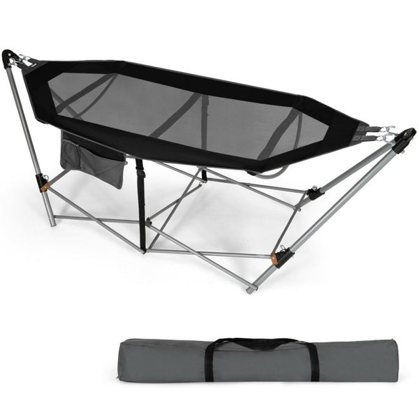 Vebreda Folding Hammock Indoor Outdoor Hammock with Side Pocket and Iron Stand,Black